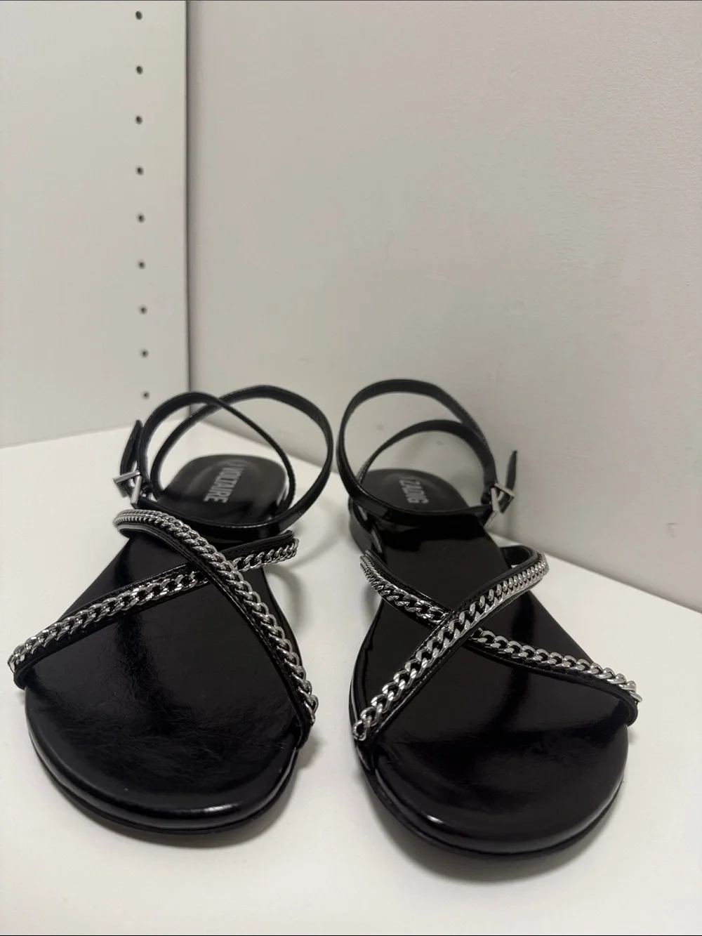 Zadig & Voltaire Black Leather Strappy Sandals with Silver Chain Trim sz EU38 - Picture 9 of 16